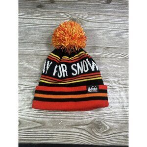 REI CO-OP Adult Pray For Snow Orange Black Pom Pom Winter Beanie Hat Cap Knit